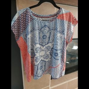 Tommy Hilfiger paisley blue white and red crew neck top ~ ladies size large